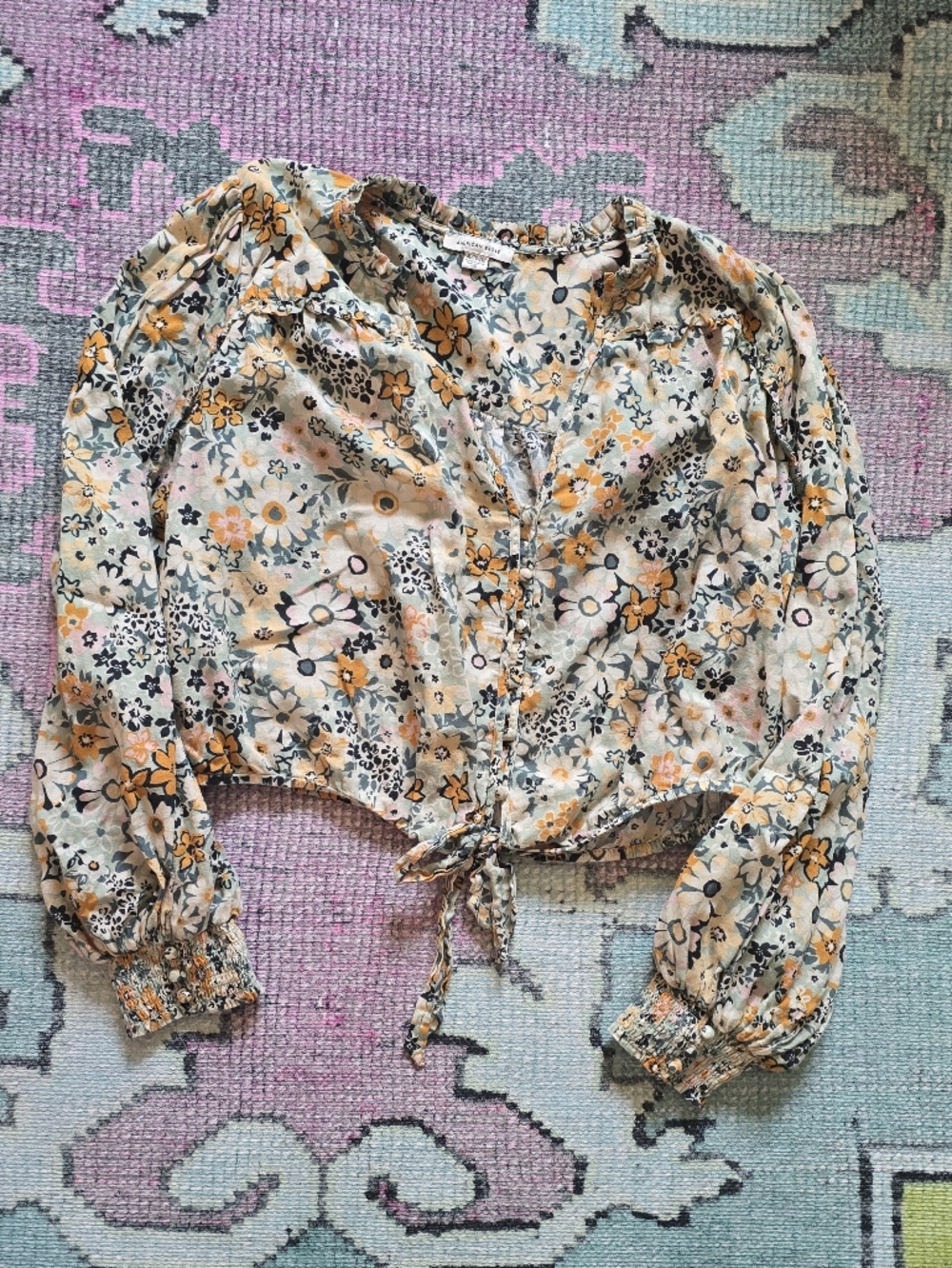 American Eagle Floral Tie-Front Blouse - Cream and Orange